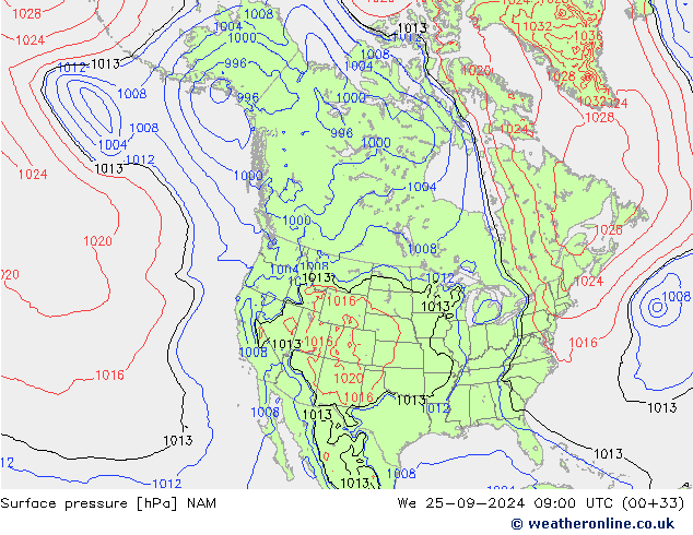 pressão do solo NAM Qua 25.09.2024 09 UTC