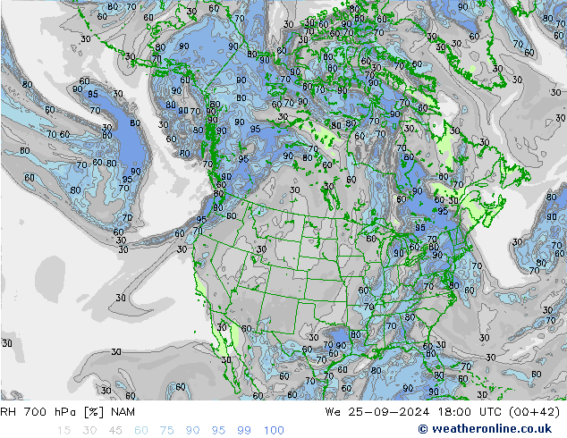 RH 700 гПа NAM ср 25.09.2024 18 UTC