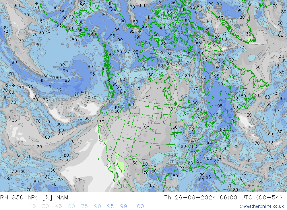 Humidité rel. 850 hPa NAM jeu 26.09.2024 06 UTC