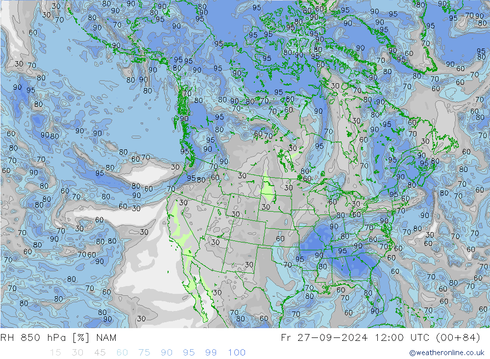 RH 850 гПа NAM пт 27.09.2024 12 UTC