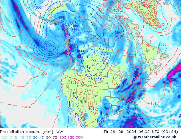 Precipitation accum. NAM Čt 26.09.2024 06 UTC