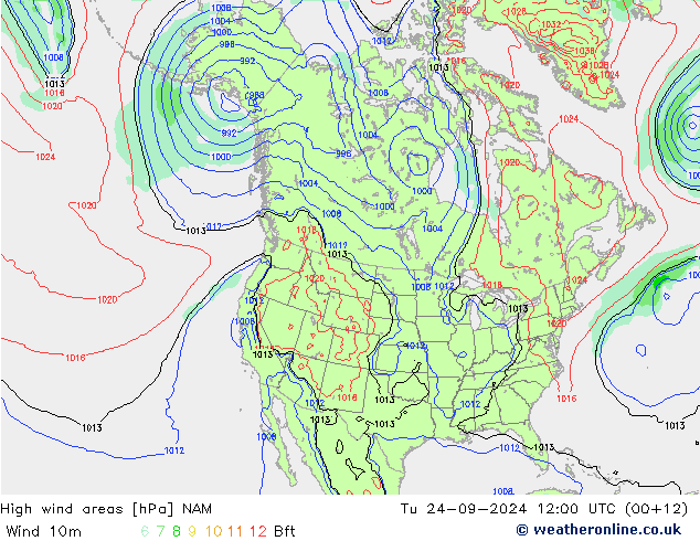 High wind areas NAM вт 24.09.2024 12 UTC