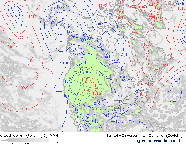 Cloud cover (total) NAM Tu 24.09.2024 21 UTC