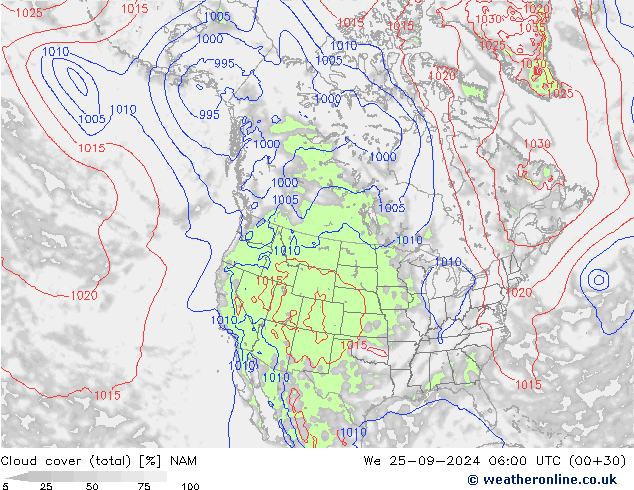 zachmurzenie (suma) NAM śro. 25.09.2024 06 UTC