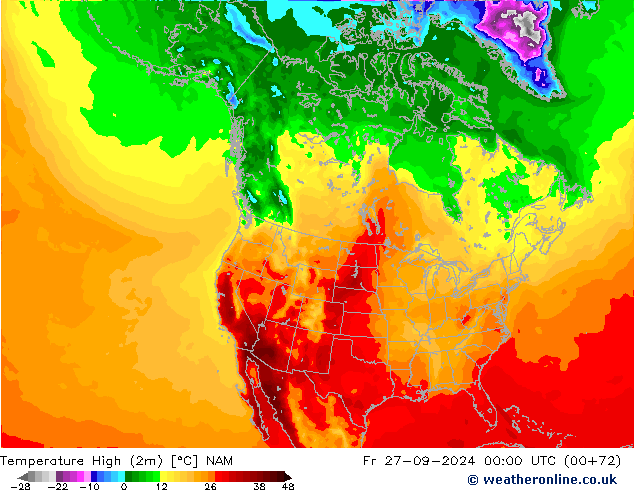 Temp. massima (2m) NAM ven 27.09.2024 00 UTC