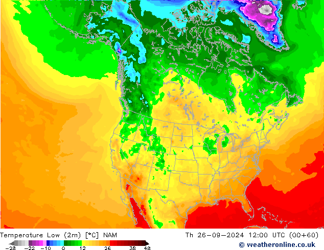 Temperature Low (2m) NAM Th 26.09.2024 12 UTC