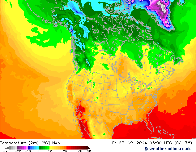 Temperatura (2m) NAM vie 27.09.2024 06 UTC