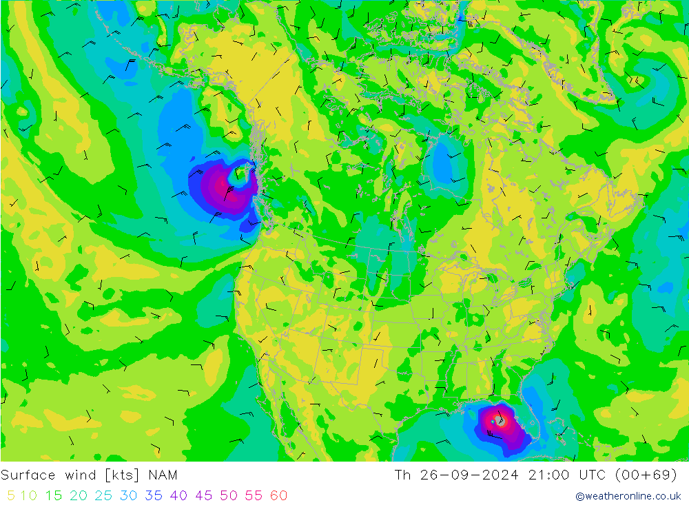 Viento 10 m NAM jue 26.09.2024 21 UTC