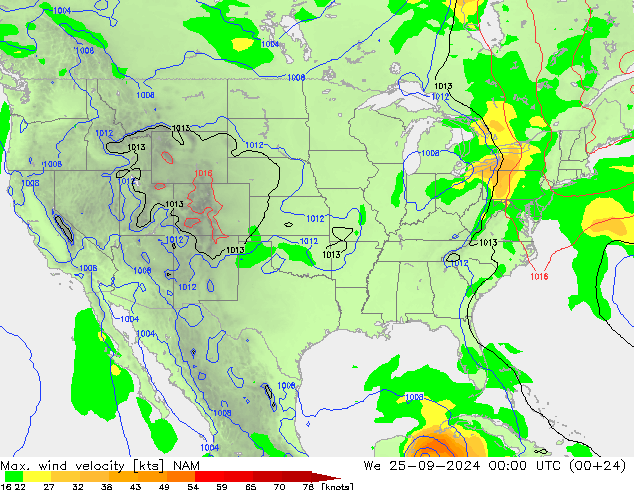 Max. wind velocity NAM mer 25.09.2024 00 UTC