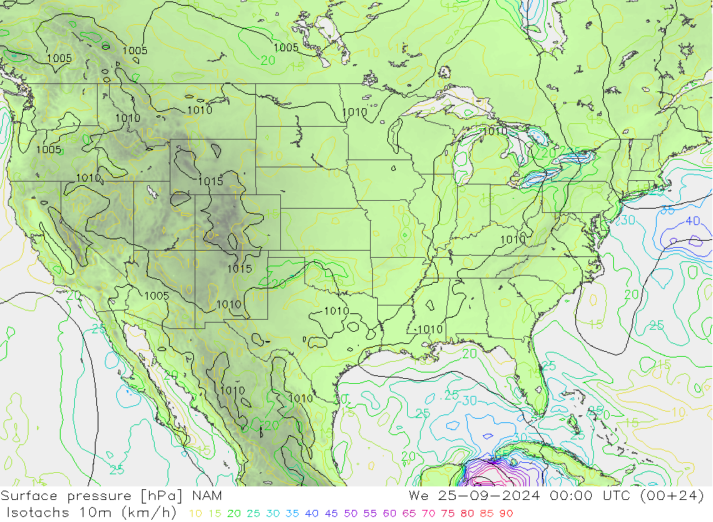 Isotachs (kph) NAM St 25.09.2024 00 UTC