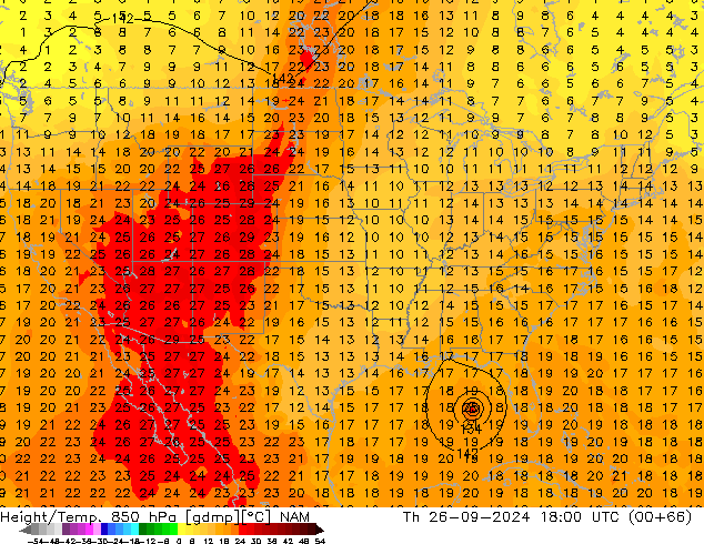 Geop./Temp. 850 hPa NAM jue 26.09.2024 18 UTC