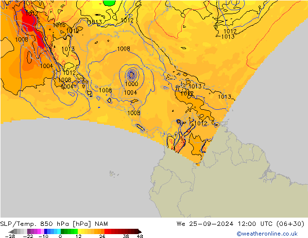 SLP/Temp. 850 hPa NAM śro. 25.09.2024 12 UTC