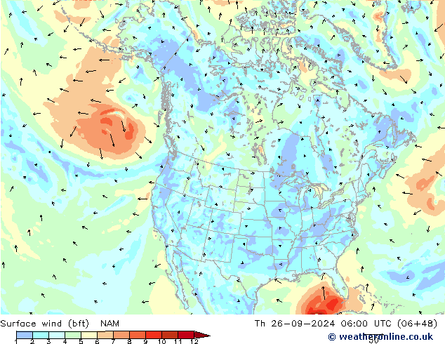 Surface wind (bft) NAM Th 26.09.2024 06 UTC