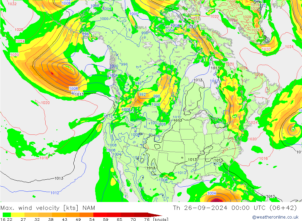 Max. wind velocity NAM 星期四 26.09.2024 00 UTC