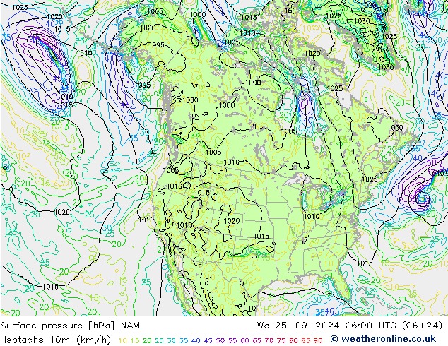 Isotachs (kph) NAM ср 25.09.2024 06 UTC