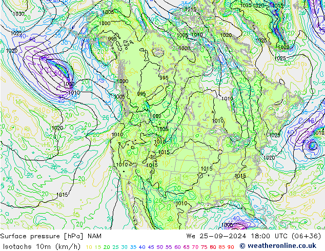 Isotachs (kph) NAM  25.09.2024 18 UTC