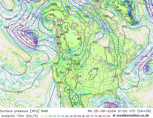 Isotachs (kph) NAM We 25.09.2024 21 UTC