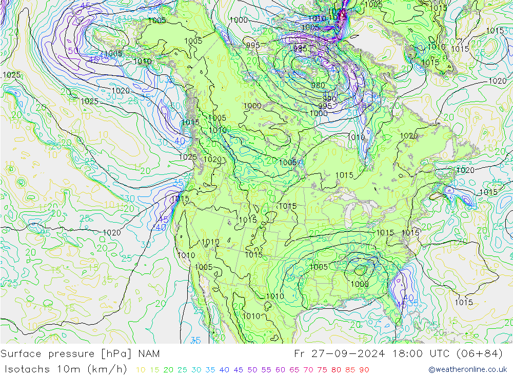 Isotachs (kph) NAM Pá 27.09.2024 18 UTC