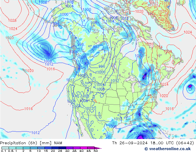 Precipitation (6h) NAM Th 26.09.2024 00 UTC