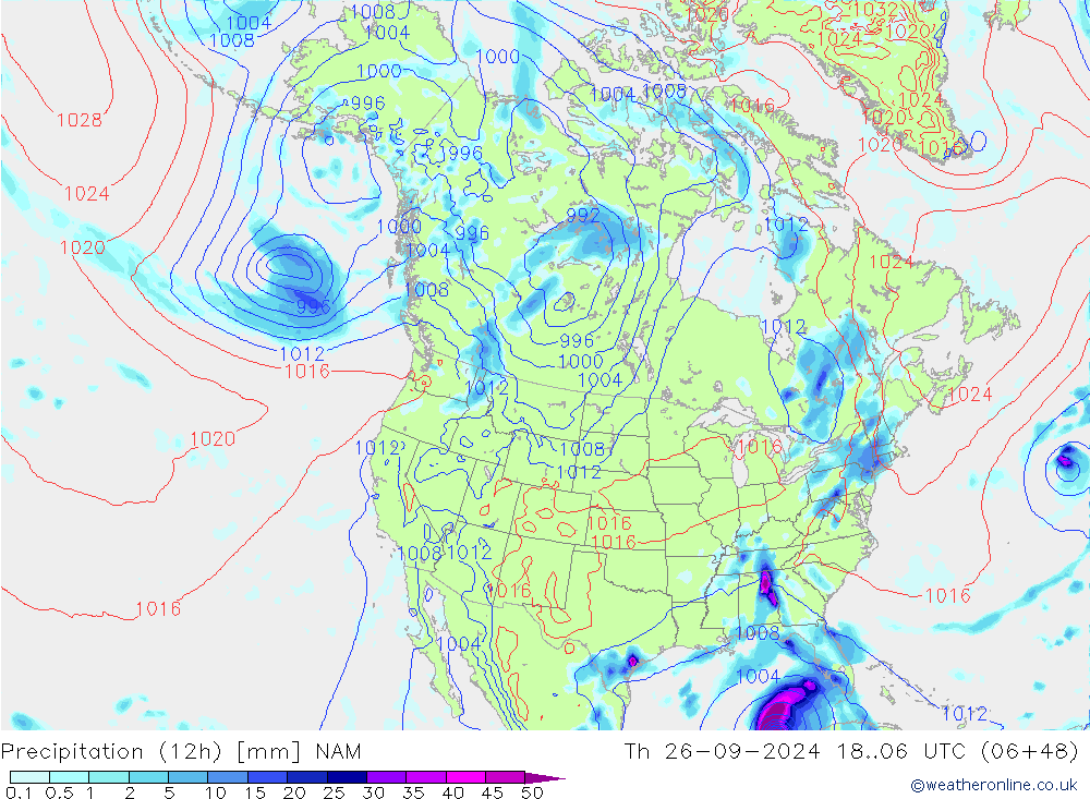 Precipitation (12h) NAM Th 26.09.2024 06 UTC