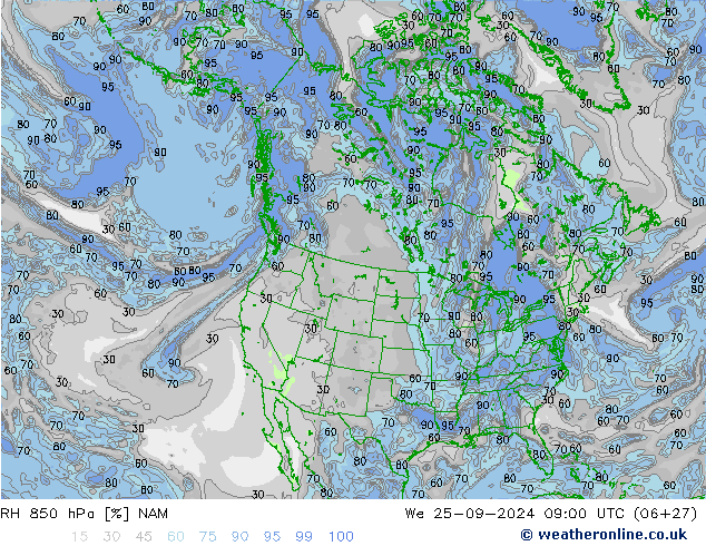 Humidité rel. 850 hPa NAM mer 25.09.2024 09 UTC