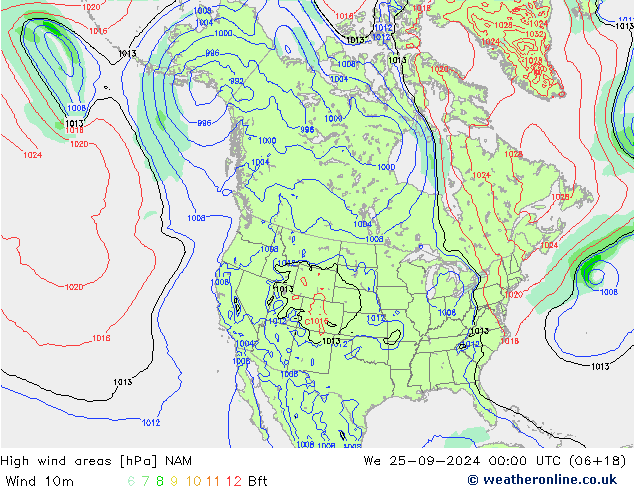 High wind areas NAM mer 25.09.2024 00 UTC