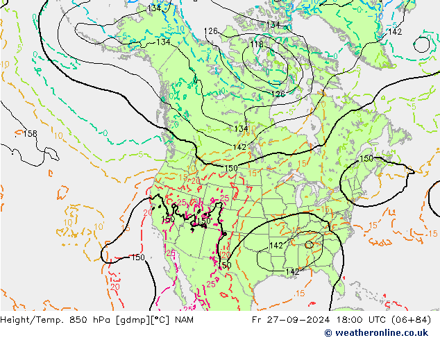 Height/Temp. 850 гПа NAM пт 27.09.2024 18 UTC