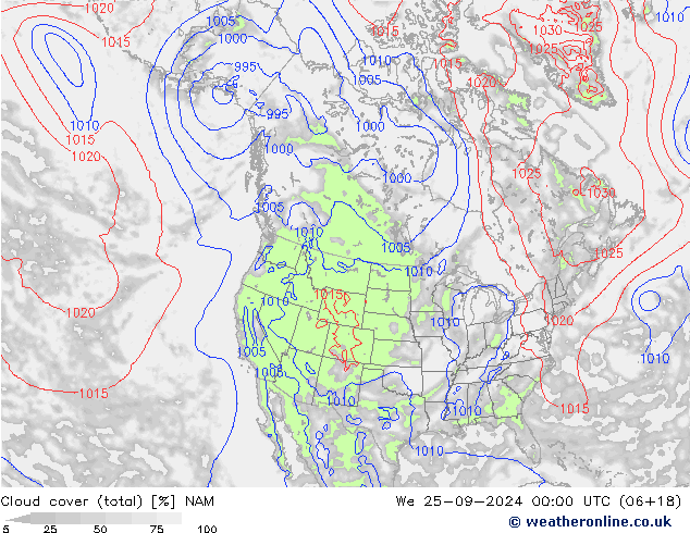 Cloud cover (total) NAM St 25.09.2024 00 UTC