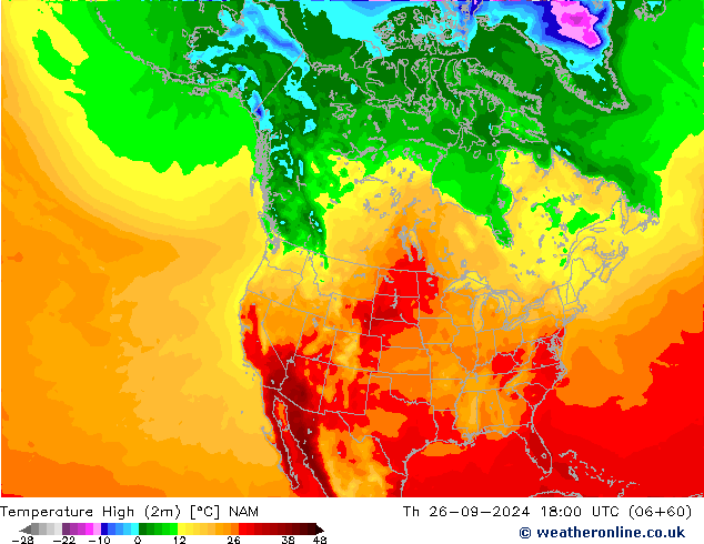 Темпер. макс 2т NAM чт 26.09.2024 18 UTC