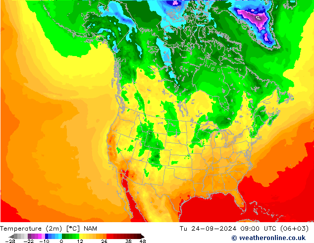 Temperatuurkaart (2m) NAM di 24.09.2024 09 UTC