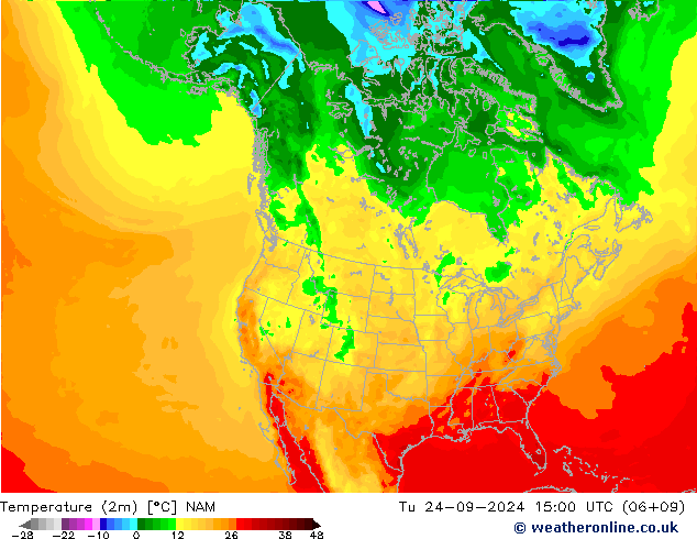 Temperature (2m) NAM Út 24.09.2024 15 UTC