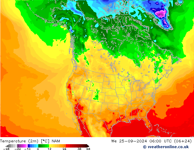 Temperatura (2m) NAM mer 25.09.2024 06 UTC