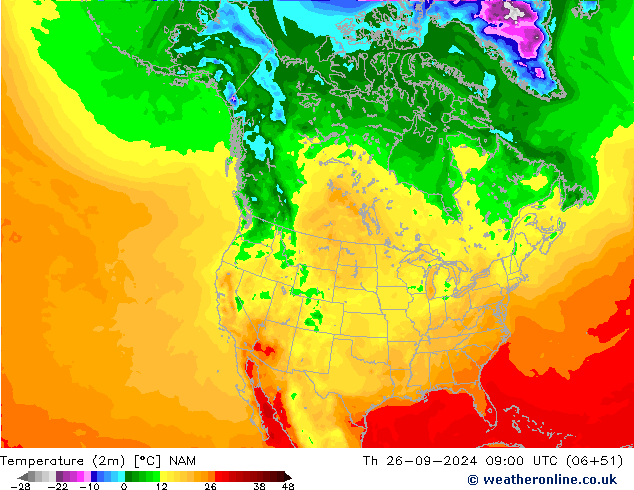 Temperature (2m) NAM Th 26.09.2024 09 UTC