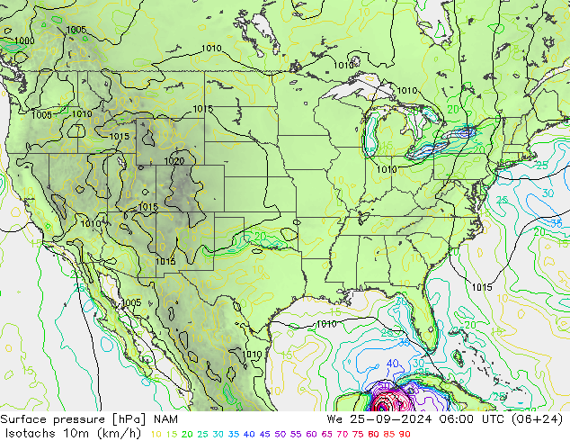 Isotachen (km/h) NAM wo 25.09.2024 06 UTC