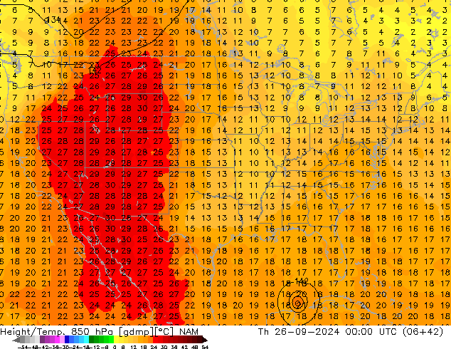 Height/Temp. 850 hPa NAM Th 26.09.2024 00 UTC