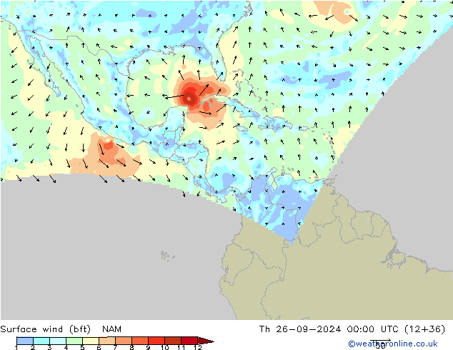 Vento 10 m (bft) NAM Qui 26.09.2024 00 UTC