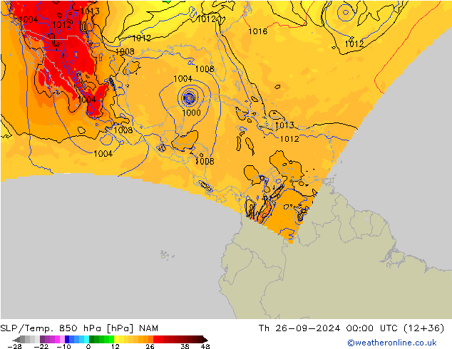 SLP/Temp. 850 hPa NAM jeu 26.09.2024 00 UTC