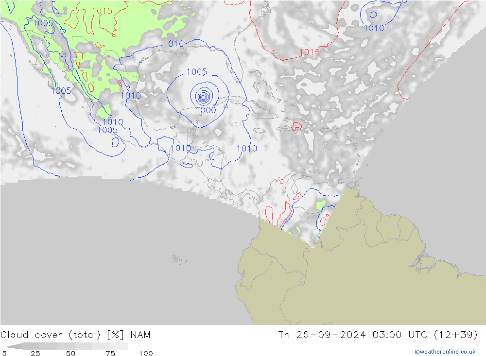 Cloud cover (total) NAM Th 26.09.2024 03 UTC