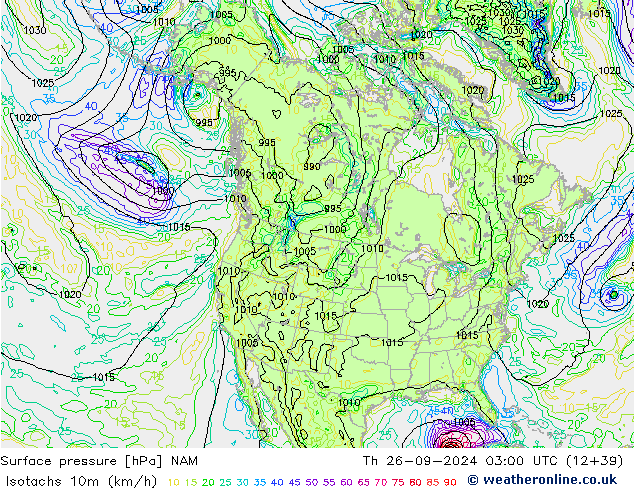 Isotachs (kph) NAM Th 26.09.2024 03 UTC