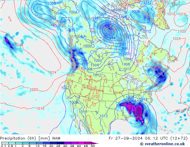 Precipitation (6h) NAM Fr 27.09.2024 12 UTC