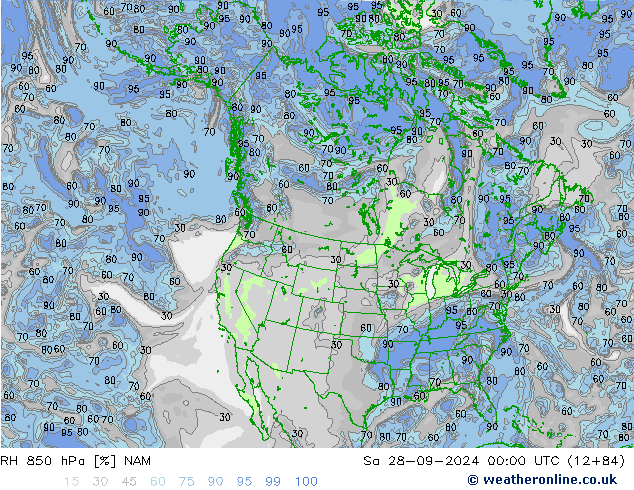 Humidité rel. 850 hPa NAM sam 28.09.2024 00 UTC