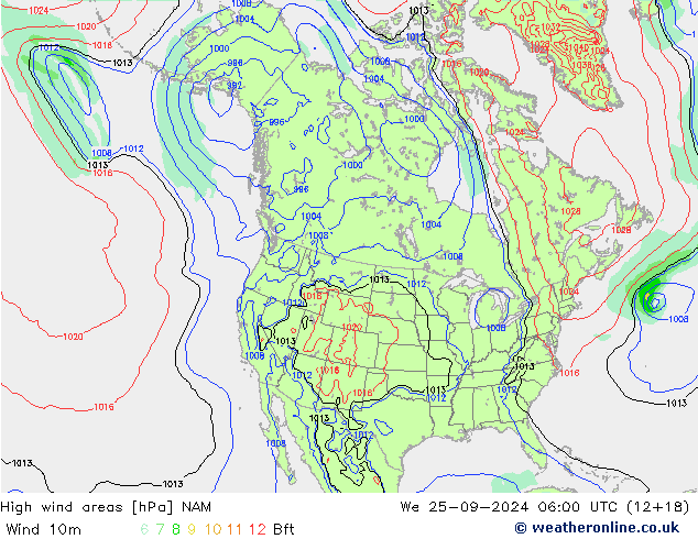 High wind areas NAM We 25.09.2024 06 UTC