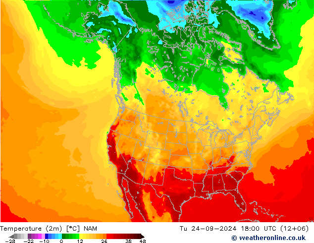 Temperature (2m) NAM Tu 24.09.2024 18 UTC