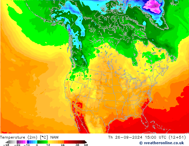 Temperature (2m) NAM Th 26.09.2024 15 UTC