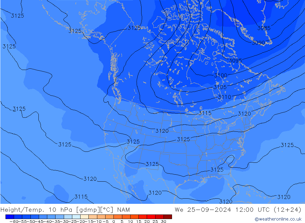 Height/Temp. 10 hPa NAM Mi 25.09.2024 12 UTC