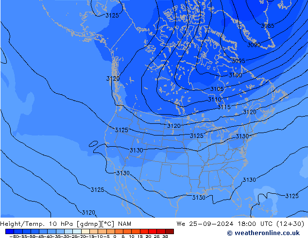 Géop./Temp. 10 hPa NAM mer 25.09.2024 18 UTC