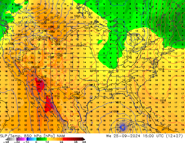 SLP/Temp. 850 hPa NAM mié 25.09.2024 15 UTC