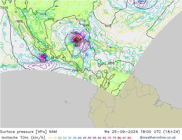 Isotachs (kph) NAM We 25.09.2024 18 UTC