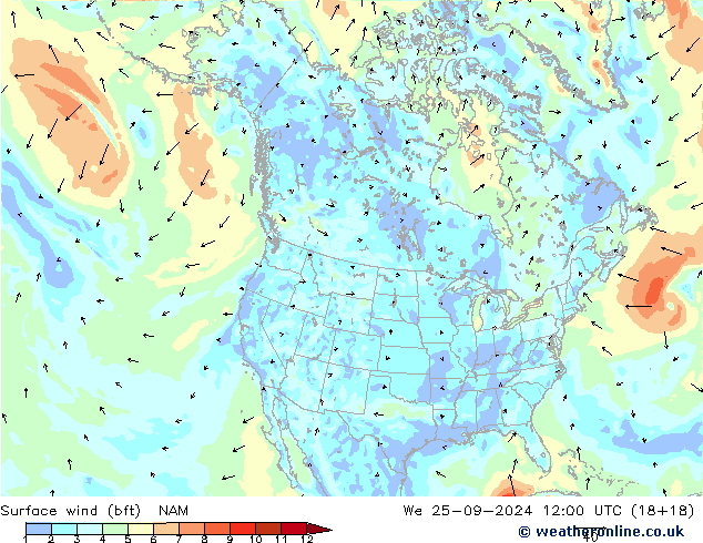 Wind 10 m (bft) NAM wo 25.09.2024 12 UTC