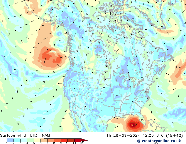 Wind 10 m (bft) NAM do 26.09.2024 12 UTC